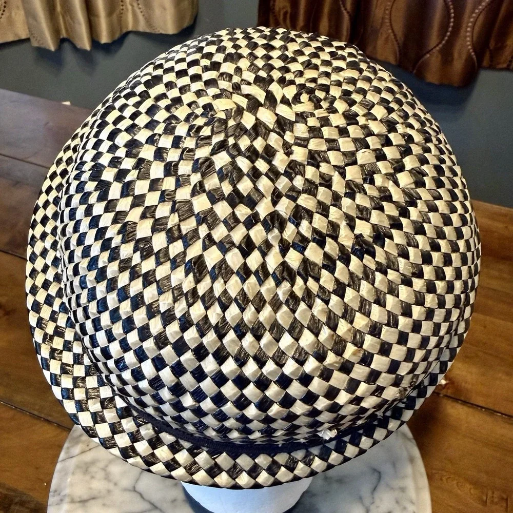 VTG 1950s MCM Women Black White Check Woven Straw Stingy Brim Trilby Hat Ribbon